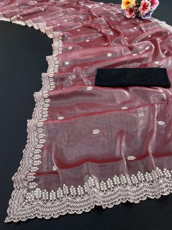 NEW ARRIVAL JIMMY CHOO SEQUENCE EMBROIDERY CONTRAST-PALLU WORK SAREE WITH UNSTITCHED BLOUSE PEACH