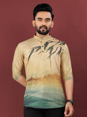 NEW ARRIVAL JUTE COTTON DIGITAL PRINTED MEN'S SHIRT CHIKU