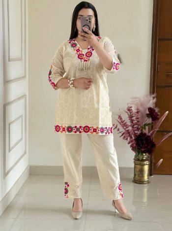 NEW ARRIVAL KHADI COTTON SCHIFLI WORK WITH THREAD WORK TOP PENT SET OFF WHITE