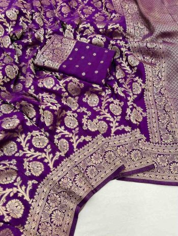 NEW ARRIVAL KHADI GEORGETTE SILK ZARI PICHWAI WOVEN WITH ZARI BUTTI WEAVING WORK SAREE WITH UNSTITCHED BLOUSE PURPLE