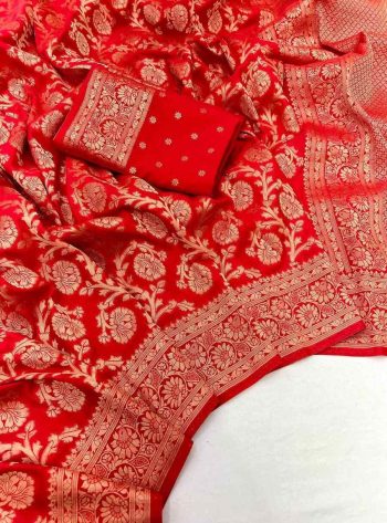 NEW ARRIVAL KHADI GEORGETTE SILK ZARI PICHWAI WOVEN WITH ZARI BUTTI WEAVING WORK SAREE WITH UNSTITCHED BLOUSE RED