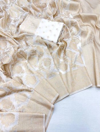 NEW ARRIVAL KHADI GEORGETTE SILK ZARI PICHWAI WOVEN WITH ZARI BUTTI WEAVING WORK SAREE WITH UNSTITCHED BLOUSE WHITE
