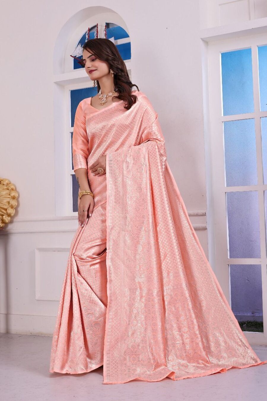 NEW ARRIVAL LICHI SILK JACQUARD WORK SAREE WITH UNSTITCHED BLOUSE FUNCTIONAL WEAR WHOLESALE PRICE ETHNIC GARMENT (1)