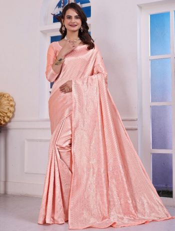NEW ARRIVAL LICHI SILK JACQUARD WORK SAREE WITH UNSTITCHED BLOUSE BABY PINK