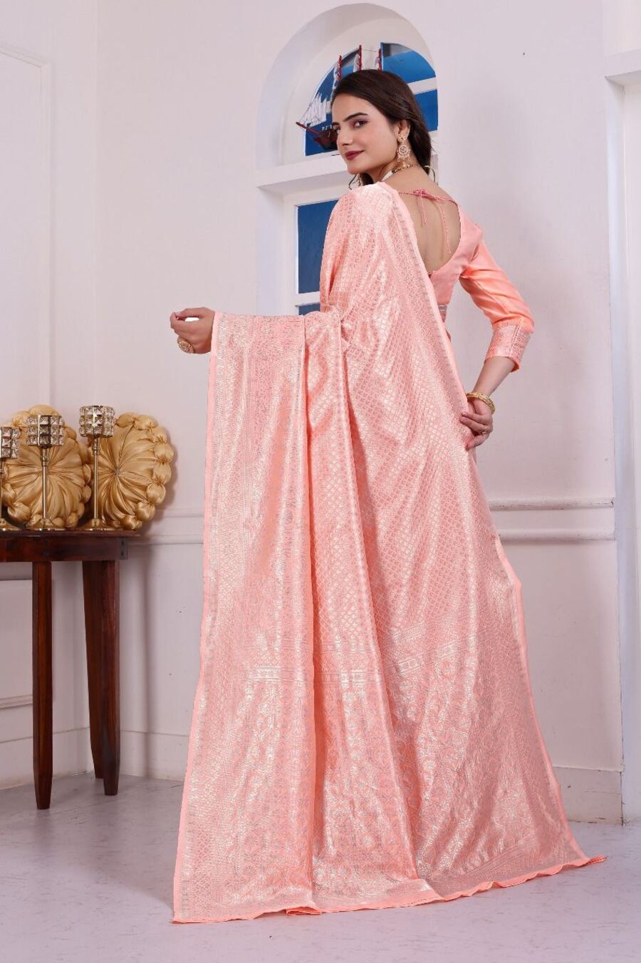 NEW ARRIVAL LICHI SILK JACQUARD WORK SAREE WITH UNSTITCHED BLOUSE FUNCTIONAL WEAR WHOLESALE PRICE ETHNIC GARMENT (6)