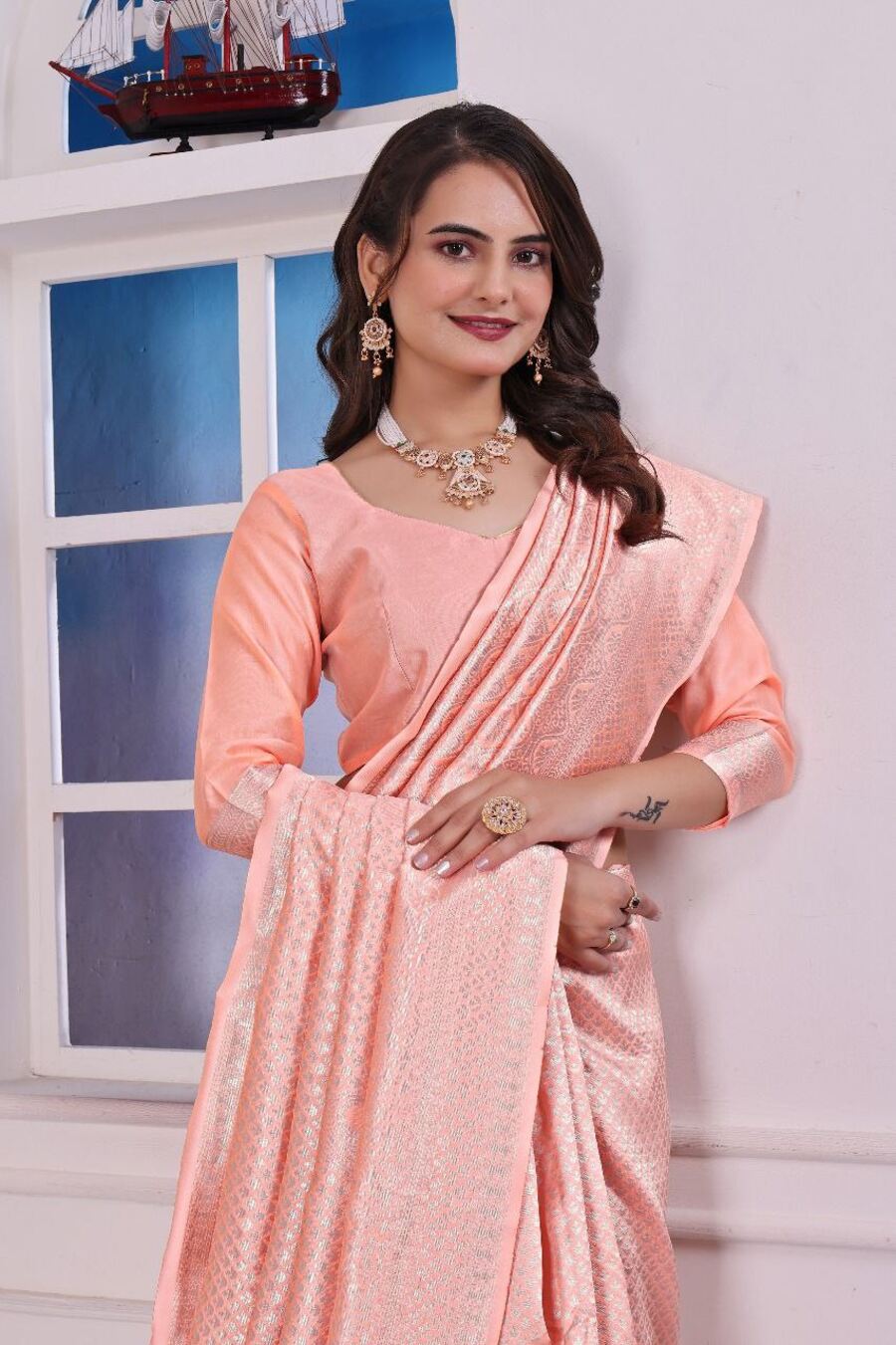 NEW ARRIVAL LICHI SILK JACQUARD WORK SAREE WITH UNSTITCHED BLOUSE FUNCTIONAL WEAR WHOLESALE PRICE ETHNIC GARMENT (9)