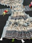 NEW ARRIVAL LINEN COTTON ZARI BORDER & DIGITAL PRINTED WITH LATKAN WORK SAREE WITH UNSTITCHED GREY