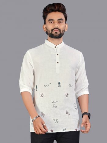 NEW ARRIVAL LINEN HAND-WOVEN MEN'S SHORT KURTA WHITE