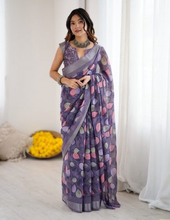 NEW ARRIVAL LINEN PATTA DIGITAL PRINTED SAREE WITH UNSTITCHED BLOUSE LAVENDER