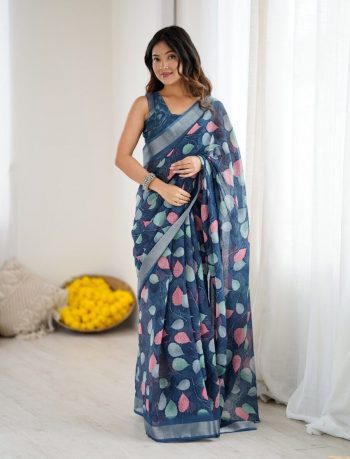 NEW ARRIVAL LINEN PATTA DIGITAL PRINTED SAREE WITH UNSTITCHED BLOUSE NAVY BLUE