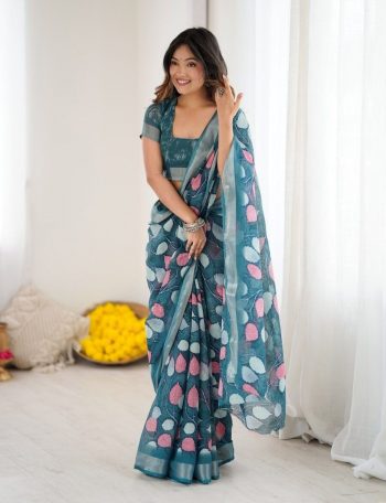 NEW ARRIVAL LINEN PATTA DIGITAL PRINTED SAREE WITH UNSTITCHED BLOUSE RAMA