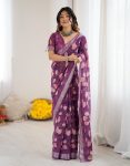 NEW ARRIVAL LINEN PATTA DIGITAL PRINTED SAREE WITH UNSTITCHED BLOUSE WINE