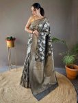 NEW ARRIVAL LINEN SLUB WEAVING WORK SAREE WITH UNSTITCHED BLOUSE GREY