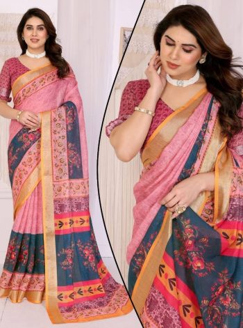 NEW ARRIVAL LINEN ZARI BORDER & DIGITAL PRINTED WORK SAREE WITH UNSTITCHED BLOUSE PINK