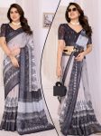 NEW ARRIVAL LINEN ZARI BORDER & DIGITAL PRINTED WORK SAREE WITH UNSTITCHED BLOUSE GREY