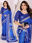 NEW ARRIVAL LINEN ZARI BORDER & DIGITAL PRINTED WORK SAREE WITH UNSTITCHED BLOUSE BLUE