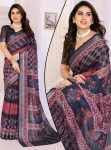 NEW ARRIVAL LINEN ZARI BORDER & DIGITAL PRINTED WORK SAREE WITH UNSTITCHED BLOUSE BLACK