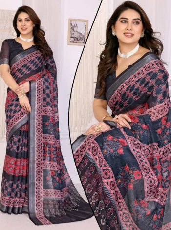 NEW ARRIVAL LINEN ZARI BORDER & DIGITAL PRINTED WORK SAREE WITH UNSTITCHED BLOUSE BLACK
