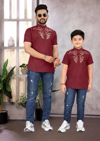 NEW ARRIVAL MAGIC COTTON FOIL PRINT WORK FATHER SON COMBO SET MAROON