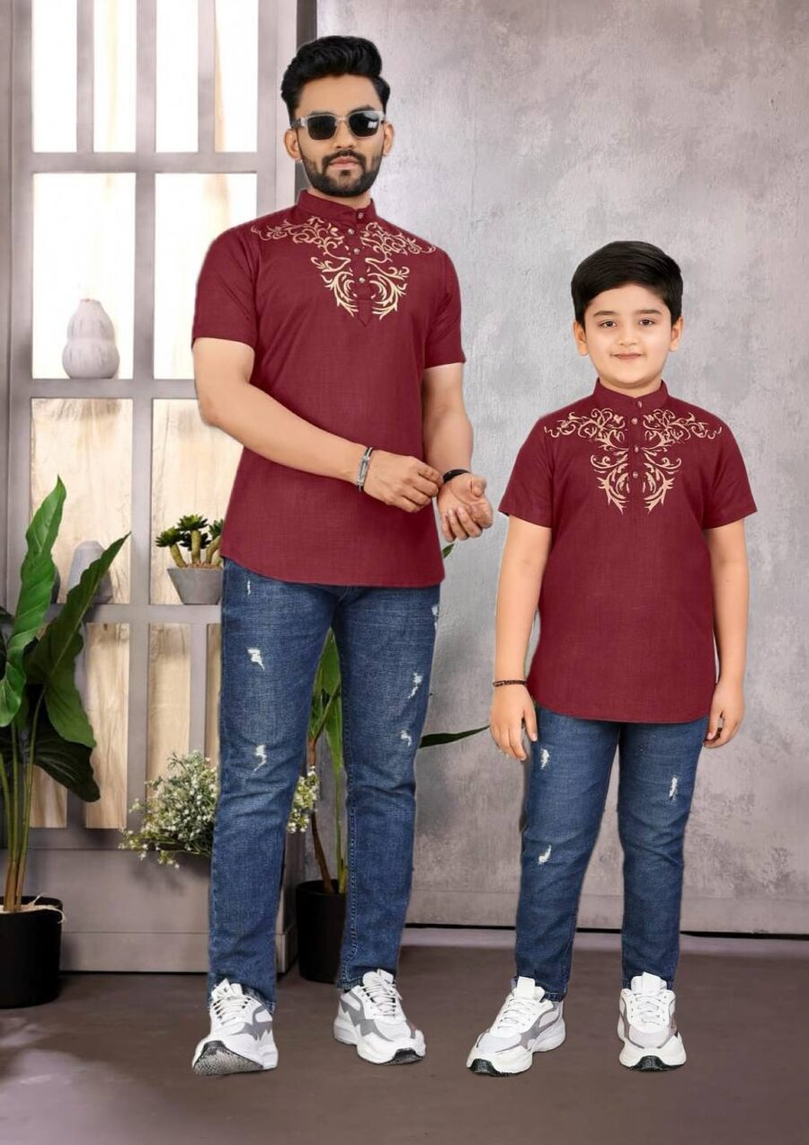 NEW ARRIVAL MAGIC COTTON FOIL PRINT WORK FATHER SON COMBO FESTIVE WEAR WHOLESALE PRICE ETHNIC GARMENT (7)