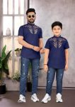 NEW ARRIVAL MAGIC COTTON FOIL PRINT WORK FATHER SON COMBO SET NAVY BLUE
