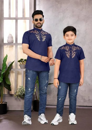 NEW ARRIVAL MAGIC COTTON FOIL PRINT WORK FATHER SON COMBO SET NAVY BLUE