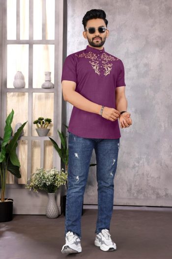 NEW ARRIVAL MAGIC COTTON FOIL PRINT WORK MEN'S SHIRT PURPLE