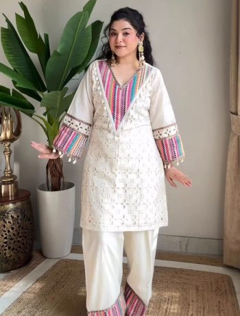 NEW ARRIVAL PURE KHADI COTTON SCHIFFLI WORK WITH THREAD WORK TOP PALAZZO SET WHITE