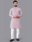 NEW ARRIVAL RAYON CHIKANKARI LUCKNOWI SCHIFLI WORK MEN'S KURTA PAYJAMA BABY PINK