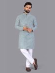 NEW ARRIVAL RAYON CHIKANKARI LUCKNOWI SCHIFLI WORK MEN'S KURTA PAYJAMA SKY