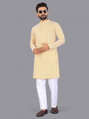 NEW ARRIVAL RAYON CHIKANKARI LUCKNOWI SCHIFLI WORK MEN'S KURTA PAYJAMA YELLOW
