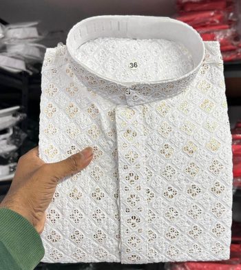 NEW ARRIVAL RAYON CHIKANKARI LUCKNOWI SCHIFLI WORK MEN'S KURTA PAYJAMA WHITE