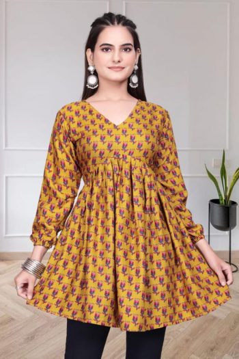 NEW ARRIVAL RAYON DIGITAL PRINT WORK ONLY TOP YELLOW