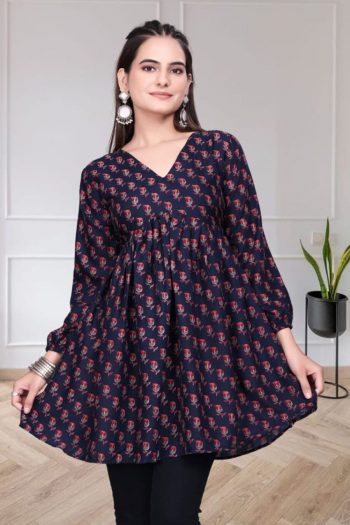 NEW ARRIVAL RAYON DIGITAL PRINT WORK ONLY TOP NAVY BLUE