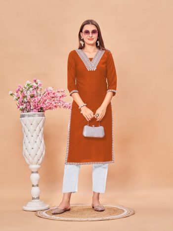 NEW ARRIVAL RAYON EMBROIDERY WORK KURTI ORANGE