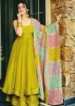 NEW ARRIVAL ROMAN SHIMMER SILK GOTA LACE BORDER WORK GOWN PALAZZO WITH DUPATTA PARROT GREEN