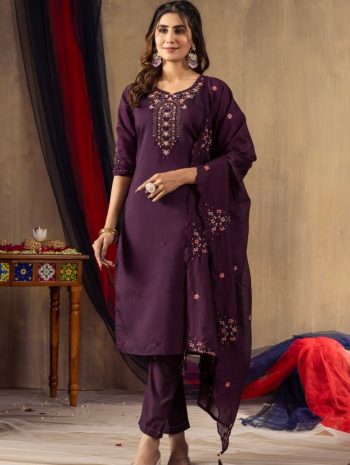NEW ARRIVAL ROMAN SILK MULTI EMBROIDERY THREAD, WITH HAND WORK TOP BOTTOM WITH DUPATTA WINE