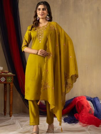 NEW ARRIVAL ROMAN SILK MULTI EMBROIDERY THREAD, WITH HAND WORK TOP BOTTOM WITH DUPATTA YELLOW