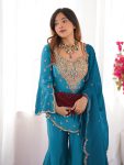 NEW ARRIVAL SHIMMER SILK EMBROIDERY WORK TOP PALAZZO WITH DUPATTA PARTY WEAR WHOLESALE PRICE ETHNIC GARMENT (4)