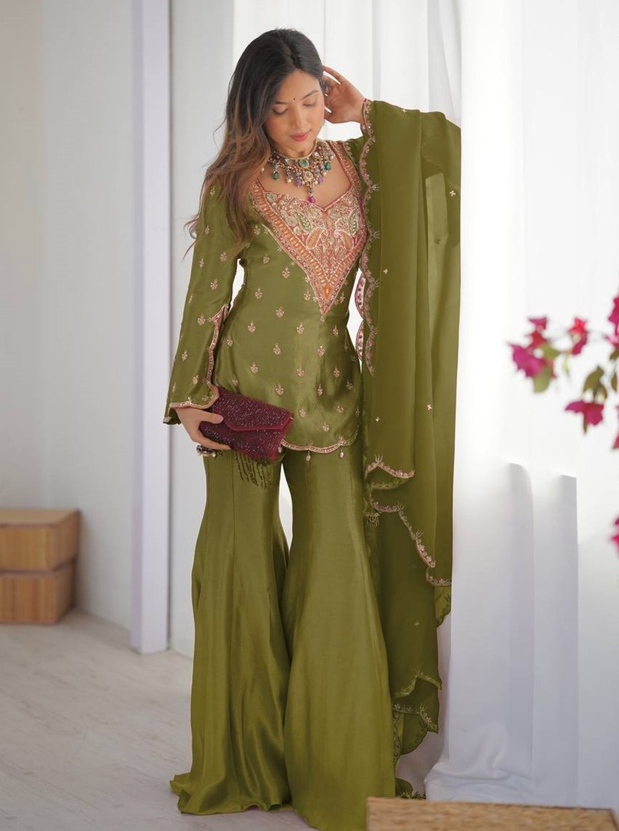 NEW ARRIVAL SHIMMER SILK EMBROIDERY WORK TOP PALAZZO WITH DUPATTA PARTY WEAR WHOLESALE PRICE ETHNIC GARMENT (6)