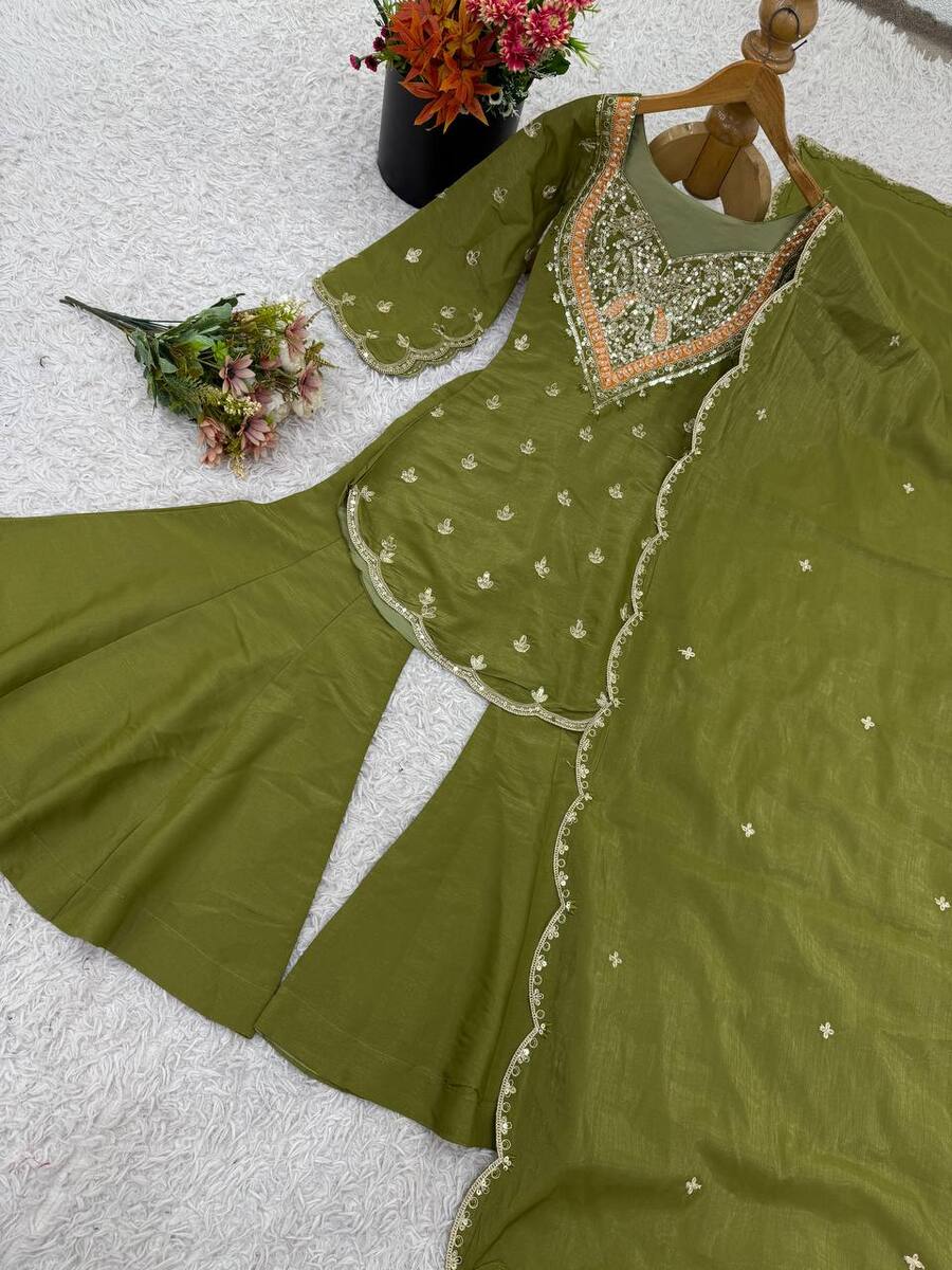 NEW ARRIVAL SHIMMER SILK EMBROIDERY WORK TOP PALAZZO WITH DUPATTA PARTY WEAR WHOLESALE PRICE ETHNIC GARMENT (7)