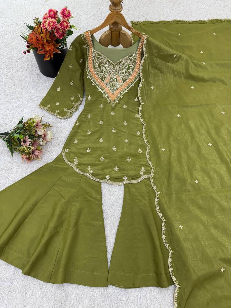 NEW ARRIVAL SHIMMER SILK EMBROIDERY WORK TOP PALAZZO WITH DUPATTA PARTY WEAR WHOLESALE PRICE ETHNIC GARMENT (8)