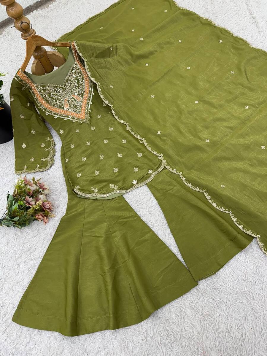 NEW ARRIVAL SHIMMER SILK EMBROIDERY WORK TOP PALAZZO WITH DUPATTA PARTY WEAR WHOLESALE PRICE ETHNIC GARMENT (9)