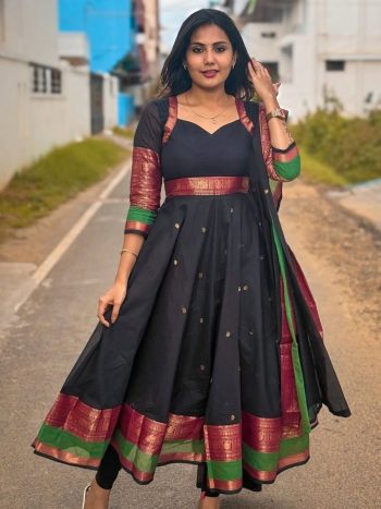 NEW ARRIVAL SILK COTTON JACQUARD WEAVING ZARI WORK ANARKALI GOWN WITH DUPATTA BLACK