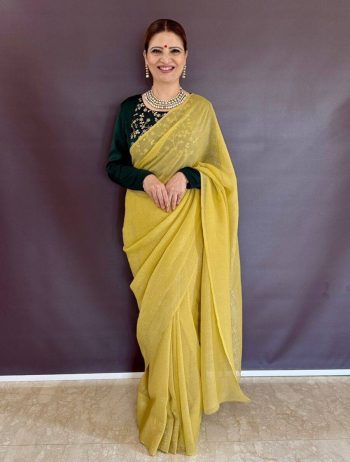 NEW ARRIVAL SILK PLAIN SAREE WITH SEQUENCE & DORI WORK UNSTITCHED BLOUSE AND KOTI YELLOW