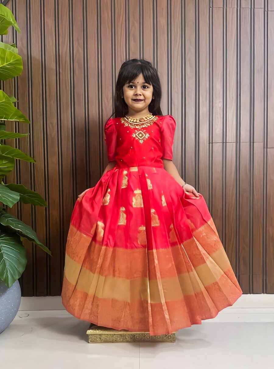 NEW ARRIVAL SILK ZARI WEAVING WORK BORDER AND HAND WORK KID'S GOWN FESTIVE WEAR WHOLESALE PRICE ETHNIC GARMENT (2)