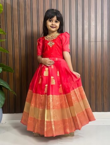 NEW ARRIVAL SILK ZARI WEAVING WORK BORDER AND HAND WORK KID'S GOWN RED