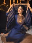 NEW ARRIVAL SOUTH COTTON THREAD EMBROIDERY WORK TOP BOTTOM WITH DUPATTA NAVY BLUE