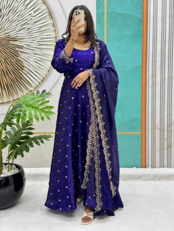 NEW ARRIVAL SPACE SILK SEQUENCE EMBROIDERY WORK GOWN WITH DUPATTA BLUE