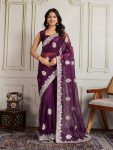 NEW ARRIVAL TWILL NET EMBROIDERY SEQUENCE WORK SAREE WITH UNSTITCHED BLOUSE WINE